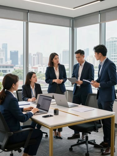 Professional corporate photography, bright natural office daylight, clean navy and gold accents, sharp focus, 35mm lens, a diverse team collaborating in a modern, well-lit office in Ampang, Malaysia, with a clear view of the city through large windows.