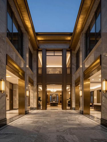Symmetrical twilight architectural shot of a double-height residential lobby with gold fixtures, marble floors, and soft warm lighting