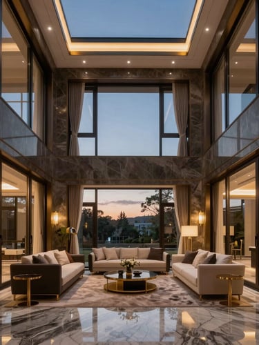 Symmetrical architectural photograph of a modern luxury living room, double-height ceiling, large glass windows, premium marble floors, gold fixtures, warm twilight lighting