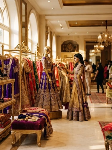 Editorial shot of the Ultimate Shopping flagship store interior, warm golden-hour light, luxurious Indian fashion displays, royal purple and gold accents, shallow depth of field, 35mm, model in background browsing.