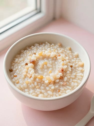 Overhead shot of freshly prepared homemade organic baby porridge in a ceramic bowl, soft morning window light, pastel background, clean editorial style