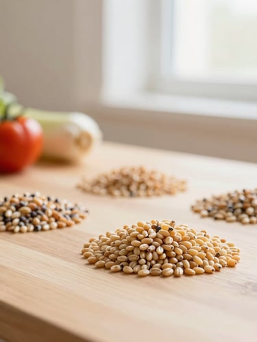 Close-up of fresh organic grains and colorful vegetables on a clean wooden table, soft morning window light, warm pastel tones, shallow depth of field
