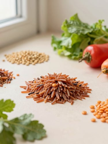 Overhead flat-lay of raw organic ingredients like red rice, lentils, and fresh vegetables on a clean light surface, soft natural morning daylight
