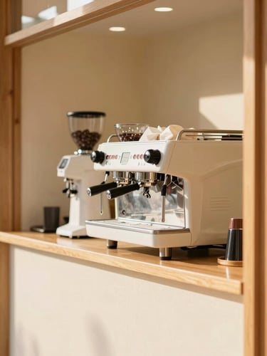 Vertical portrait of a modern, inviting espresso bar, clean cream-colored walls, warm wooden accents, a sleek espresso machine in the background, shallow depth of field