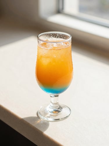 Bright editorial food photography of a condensation-beaded glass of layered orange and blue specialty soda on a sunlit cream counter, natural afternoon sunlight, shallow depth of field