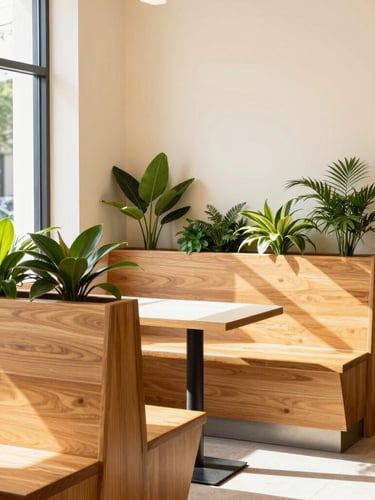 Bright environmental shot of a sunlit modern drink shop interior with warm wood booths, green plants, and clean cream walls, natural afternoon sunlight