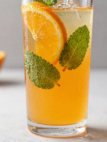 Tight macro shot of a condensation-beaded glass filled with vibrant orange specialty soda, fresh mint leaves and a citrus wheel floating inside, bright afternoon sunlight with soft shadows.