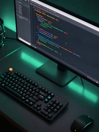 Top-down desk setup of a software engineer's workspace, clean Kotlin code blocks visible on a glowing monitor, subtle neon cyan reflections on glass surfaces, dark high-contrast studio lighting