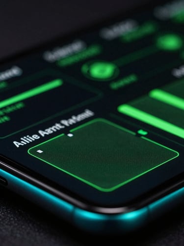 Extreme macro close-up of a high-end Android screen displaying fluid glowing green graph interfaces, low-key dark studio lighting, dramatic cyan edge-lights reflecting on glass, sharp 35mm details