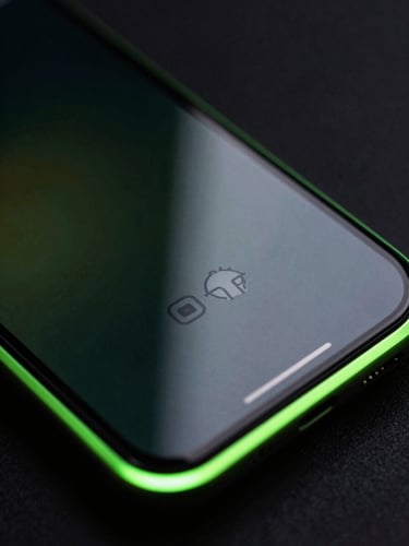 Extreme close-up macro shot of a modern Android device screen displaying a fluid, high-frame-rate user interface, dramatic neon green edge-lights reflecting off the glass surface, dark studio setting, 35mm photography
