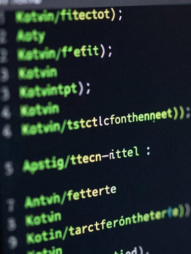 Close-up technology photography of clean Kotlin code on a dark monitor, glowing green syntax highlighting, soft background blur