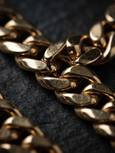 Extreme close-up macro shot of heavy 18k gold Cuban links resting on a dark textured surface, dramatic low-key studio lighting with sharp specular highlights