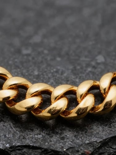 Macro close-up of heavy gold Cuban links resting on dark obsidian stone, soft directional studio strobe lighting, high-contrast specular highlights, 85mm.