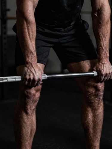 High-contrast close-up of a male athlete's chalked hands gripping a barbell in a dark gym, moody directional lighting, deep shadows
