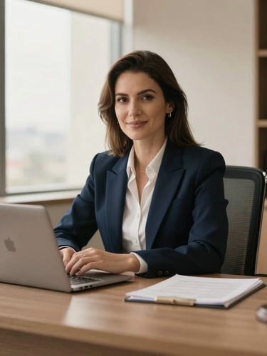 Warm editorial portrait of a sophisticated modern law office desk in Curitiba, soft window light, deep navy and champagne tones, shallow depth of field, professional, 35mm