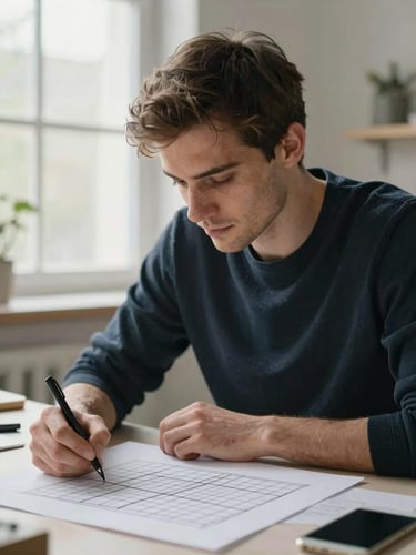 A quiet, focused portrait of a designer sketching layout grids on paper, soft diffused northern daylight.
