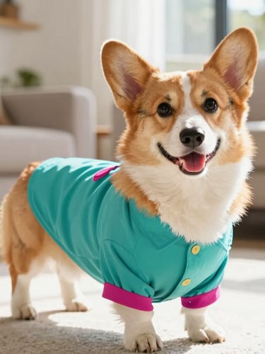 Cheerful Pembroke Welsh Corgi standing happily in a sunlit Mexican living room, wearing a custom-tailored colorful teal shirt, close-up showing perfect fit around the chest, bright natural daylight, shallow depth of field.