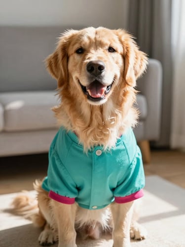 A happy fluffy golden retriever wearing a vibrant teal handmade dog shirt, sitting in a sunlit living room, cheerful pet lifestyle photography, warm daylight, shallow depth of field