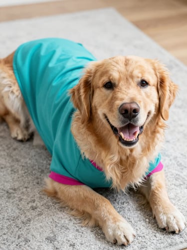 Candid eye-level shot of a happy golden retriever wearing a vibrant teal handmade shirt, resting comfortably on a light gray rug, warm natural daylight, shallow depth of field