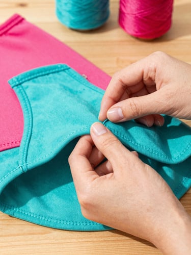 Close-up of hands carefully stitching a colorful pet shirt on a wooden table, vibrant fabrics and threads in the background, warm natural light