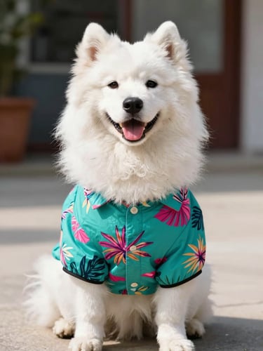 A joyful fluffy samoyed dog wearing a vibrant teal tropical shirt, sitting happily in bright natural daylight, eye-level shot