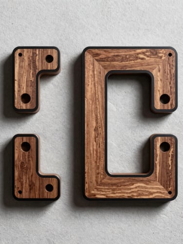 Top-down overhead flatlay of assembled technical parts made of laser-cut walnut wood and polished black acrylic, casting sharp geometric side-shadows on a clean light gray concrete surface, architectural model style.