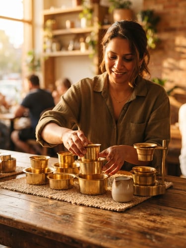 A warm, editorial portrait of a hospitality coordinator arranging brass filter coffee tumblers on a teakwood table, soft golden window light, 35mm lens