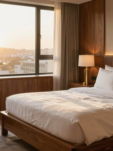 A premium guest room with warm golden hour window light, detailed teakwood furniture, and crisp linen.