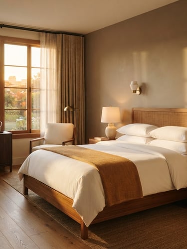 Warm golden hour window light illuminating a premium guest room, detailed teakwood furniture, crisp white linen, soft shadows, 35mm lens editorial photography