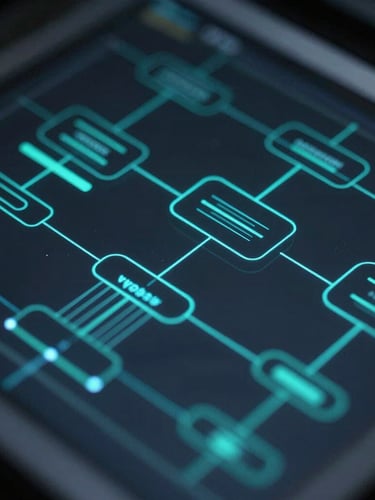 Macro close-up of a complex abstract software architecture diagram, glowing cyan and teal lines on a dark slate screen, low-key cool ambient lighting, highly technical and precise.