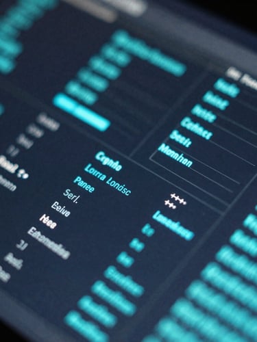 Macro close-up of a complex abstract data visualization interface, glowing cyan and teal metrics on a dark slate background, sharp focus, cool-toned ambient light.