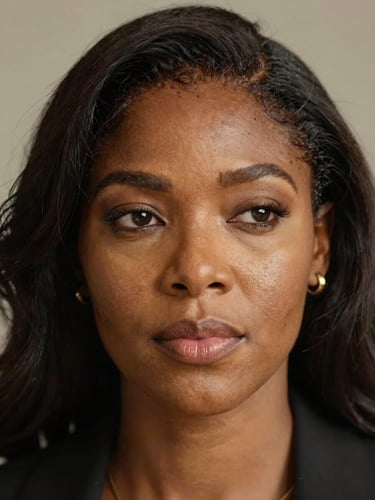 A thoughtful, close-up portrait of Susan Popoola in natural light, looking off-camera with a reflective expression, soft shadows, warm tones.