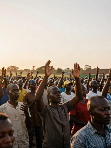 Wide shot of a vibrant outdoor worship gathering in the Democratic Republic of Congo, crowd with hands lifted in prayer, warm sunset lighting, authentic documentary style, 35mm