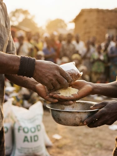 Close-up of hands distributing food supplies in a village in the Democratic Republic of Congo, warm natural golden-hour sunlight, authentic documentary style, 35mm