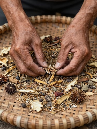 Close-up portrait-orientation shot of weathered hands sorting dried botanical seeds on a woven rattan tray, natural overcast daylight from above, visible seed texture and natural colour variation, documentary direct framing, no studio lighting