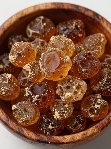 Extreme close-up of a harvested forest resin in a weathered wooden bowl, shot from directly above under soft overcast natural daylight — amber and brown tones, visible surface texture and natural variation, no styling, no hands in frame