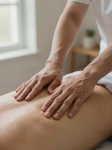 Close-up of therapist hands pressing firmly into a client's upper back and shoulder muscles, soft diffused window light from the left, warm neutral treatment room visible in the background, shallow depth of field emphasizing the contact point