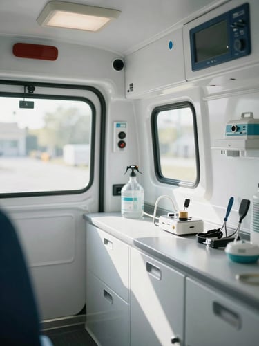 A clean, bright white ambulance interior with sterile medical equipment, soft natural light streaming through the window, emphasizing safety and clinical hygiene.