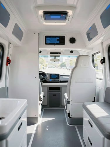 Pristine, immaculately clean ambulance interior, bright natural daylight diffusing through the window, emphasizing sterile safety and modern medical equipment, straight-on architectural shot.