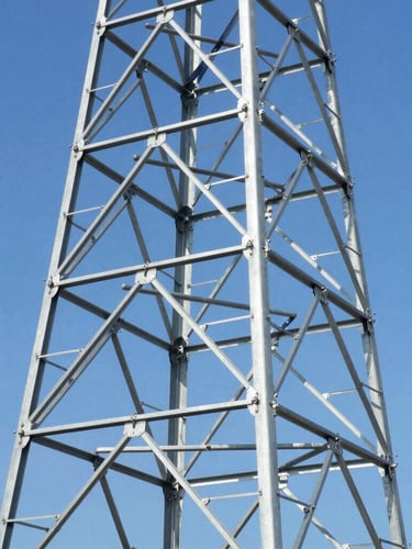 Macro shot of a steel cellular tower structure against a sharp clear blue sky, high contrast daylight, technical framing