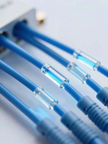 Macro shot of physical telecom hardware, glass fiber optic cables glowing with cool blue light, sharp focus, clean technical daylight.