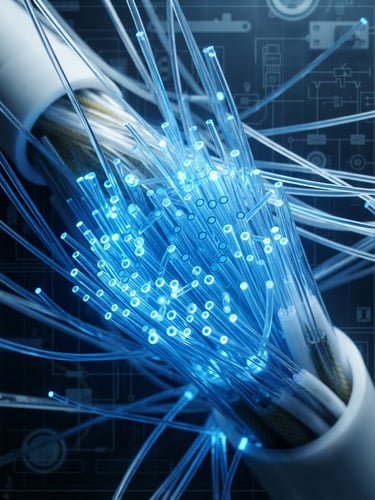 Macro shot of physical fiber optic glass fibers glowing with bright blue light, high-contrast clean studio lighting, sharp focus, technical blueprint aesthetic