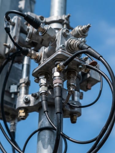 Macro shot of a physical cellular antenna array, high-contrast daylight, sharp focus on metal nodes and coaxial connections, cool blue sky background