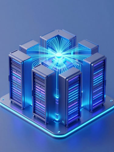 Abstract 3D render of data flows within a secure server architecture, glowing neon teal and blue light, clean glassmorphism, isometric tech diagram, 8k.
