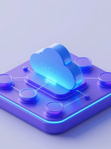 3d render of isometric tech diagram showing secure cloud data flow, glowing neon blue and purple light, octane render, 8k