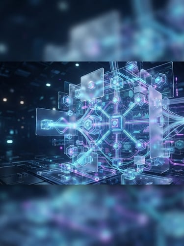 Abstract 3D render of secure server architectures with glowing neural networks, cool-toned studio lighting, neon blue and purple light, clean glassmorphism, octane render, 8k. Wide panoramic frame, subject slightly off-center.