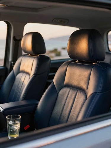 Immaculate Mercedes Vito VIP vehicle interior, soft warm golden hour light reflecting on polished leather seats, cold refreshing drinks visible, shallow depth of field, 35mm