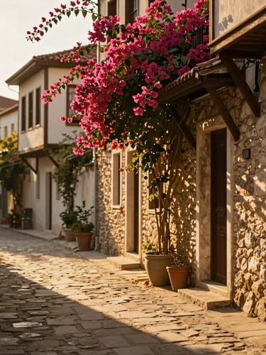Warm editorial photography of a quiet, sun-drenched stone alley in Kaleici Antalya, golden-hour Mediterranean sunlight casting long shadows, bougainvillea flowers, 35mm