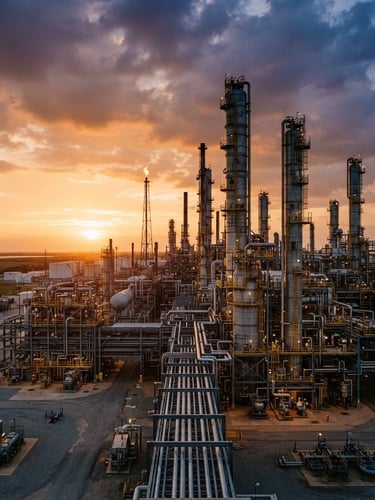 Wide environmental shot of a Texas petrochemical refinery at golden hour, towering steel distillation columns reflecting warm sunset light, sharp geometric structures, negative space on the left, 35mm lens.