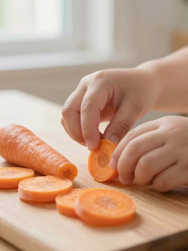 Close-up of adult hands demonstrating a safe, finger-shaped cut of steamed carrot for baby-led weaning, on a wooden cutting board, soft natural window light, gentle pastel tones, shallow depth of field.